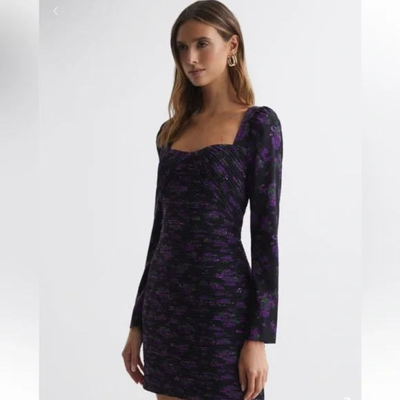 AMUR by Reiss Giulia Mini Dress - Size 4 Elegant Black and Purple Floral Dress - Picture 3 of 14